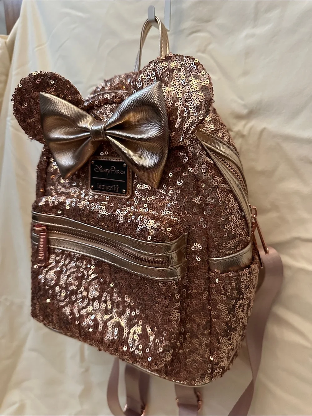 DISNEY PARKS Loungefly Rose Gold Sequin Mini Backpack with Metallic Bow